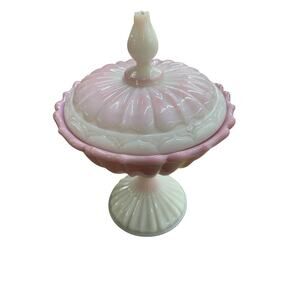 Pink & White Fenton Milk‎ Glass Candy Dish w/ Lid